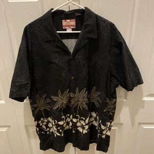 VTG‎ RJC Hawaiian Shirt 2XL Made in USA Black Purple Brown Palm Trees Floral